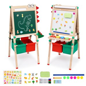 Children's art easel, children's foldable wooden easel, three in one children's easel with paper roll, adjustable height blackboard and whiteboard, suitable for children's birthday gifts, holiday gifts, Christmas gifts